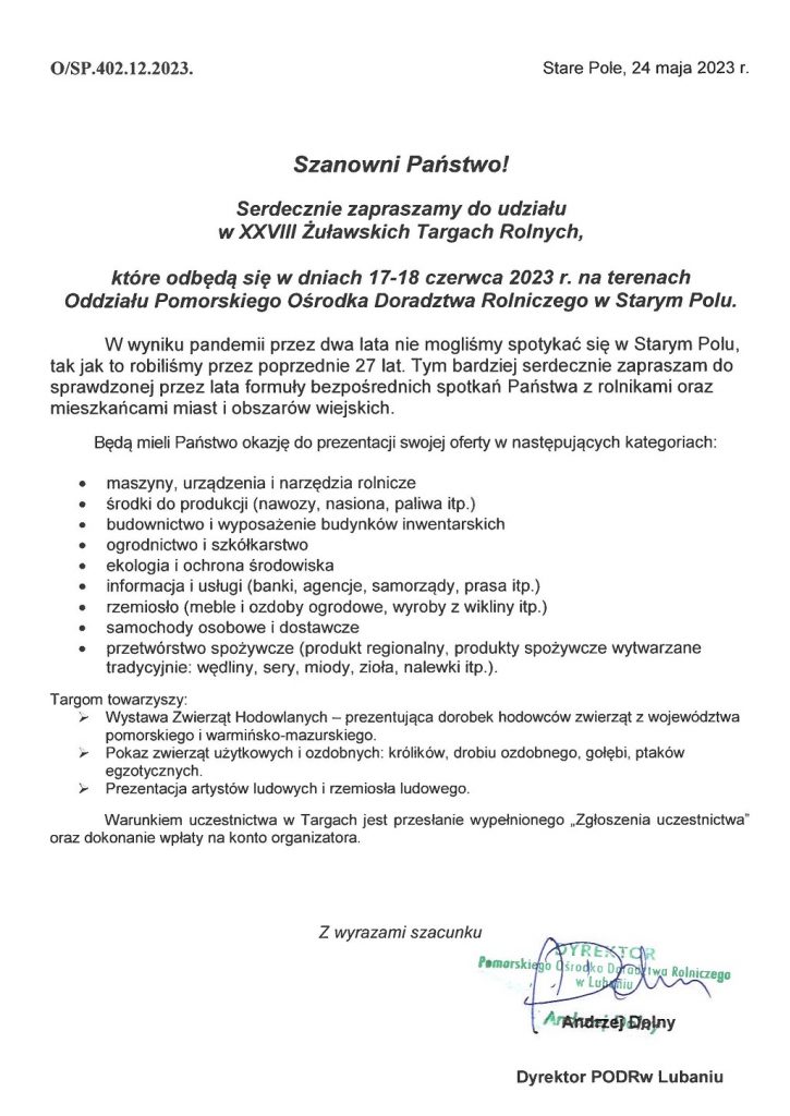 Zaproszenie do udziału w XXVIII Żuławskich Targach Rolnych